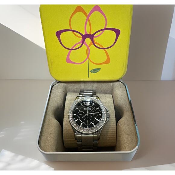 Fossil Riley Chrome Ceramic & CRYSTAL BEZEL WATCH CE1067 NEW with/Tin main image 8